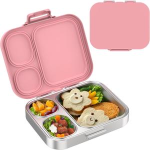Stainless Steel Lunch Box, Leak-Proof with free sealing Bento Box 3 Compartments, Metal Lunchbox for Travel & Work, Eco-Friendly Meal Storage Solution Pink