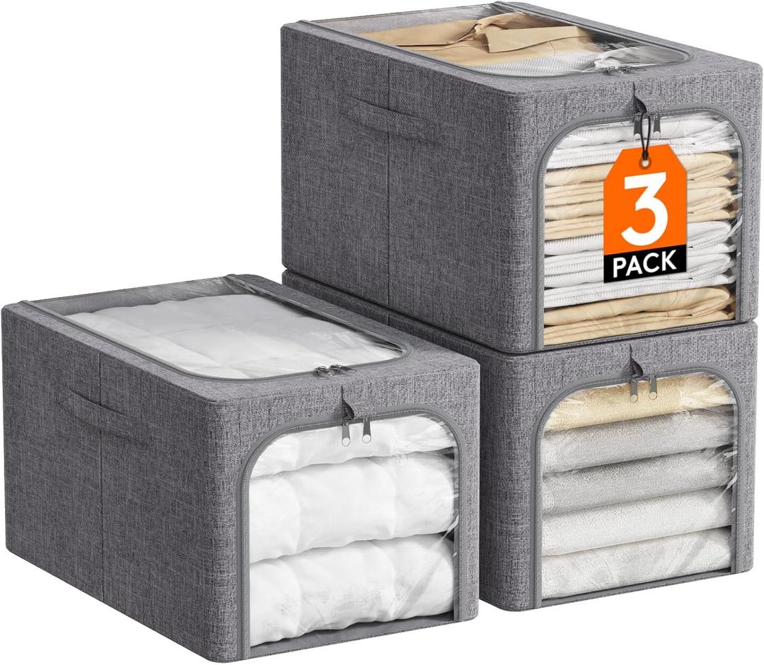 Lifewit Clothes Storage Bins with Metal Frame 3 Pack, Fabric Stackable Storage Bags with Lids, Zipper, Foldable Closet Organizers Containers for Clothing, Blanket, Winter Cloth, 40L