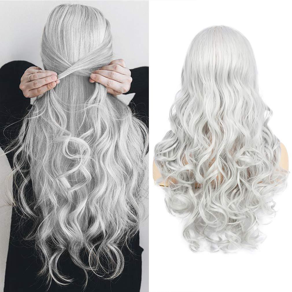 Sallcks Women's Long Curly Wavy Silver Gray Wigs Cosplay Costume Halloween Wigs Synthetic Middle Parting Replacement Wig