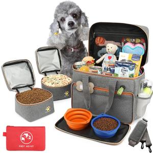 Dog Travel Bag for Traveling| Week Away/Overnight Dog Travel Accessories with Multi-Function Pockets| Travel Set for Dogs and Cats|Ideal Pet Diaper Bag and Pet Gift Kit(Grey)