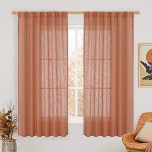 LAMIT Terracotta Linen Curtains 63 Inch for Bedroom, Light Filtering Neutral Semi Sheer Window Boho Curtains Back Tab and Rod Pocket Panels for Living Room, 2 Panels, 52 x 63 Inch