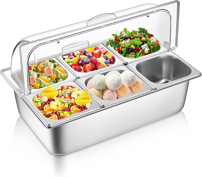 6 Pan Stainless Steel Food Serving Tray, Buffet Condiment Dispenser Display Rack with Clear Lid & 3 Freezer Boxes, for Restaurant Hotel Kitchen Party