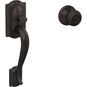 Schlage FE285 CAM 716 GEO Camelot Front Entry Handleset with Georgian Knob, Lower Half Grip, Aged Bronze (Standard Interior Trim)