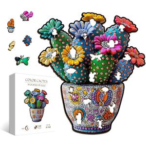 Colorful Cactus Wooden Puzzles for Adults, PICKFORU Flower Vase Wood Jigsaw Puzzle,Vintage Succulents Plant Unique Shapes Puzzles as Art Decor