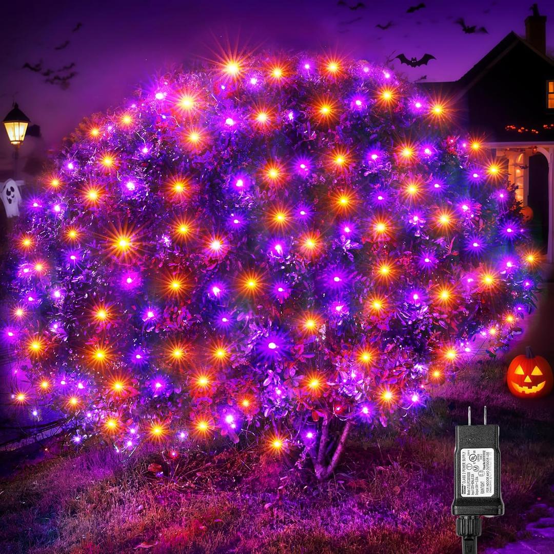 BlcTec Halloween Lights Outdoor 200 LED 8.4ft x 5.2ft Orange Purple Net Lights with 8 Modes, Timer, UL Certified, Connectable, Memory, Waterproof for Lawn, Trees, Bushes Outdoor Halloween Decorations