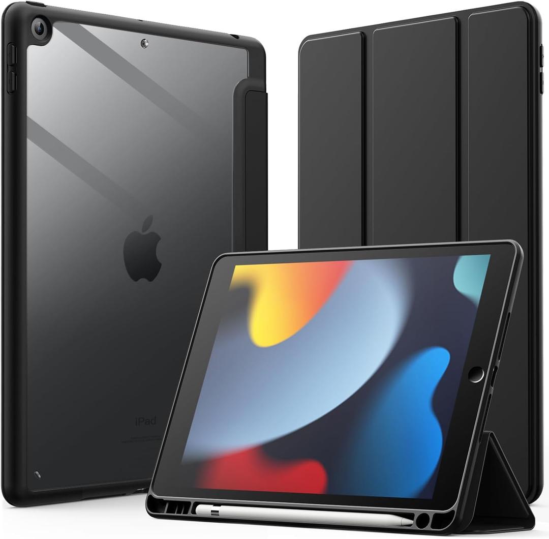 JETech Case for iPad 10.2-Inch (9th/8th/7th Generation, 2021/2020/2019) with Pencil Holder, Clear Transparent Back Shell Slim Stand Shockproof Tablet Cover, Auto Wake/Sleep (Black)