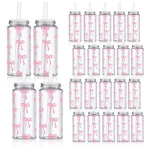 Whaline 10Pcs Pink Bow Plastic Cups with Lids and Straws Clear Reusable Party Drinking Cups for Wedding Baby Shower Birthday Party Supplies