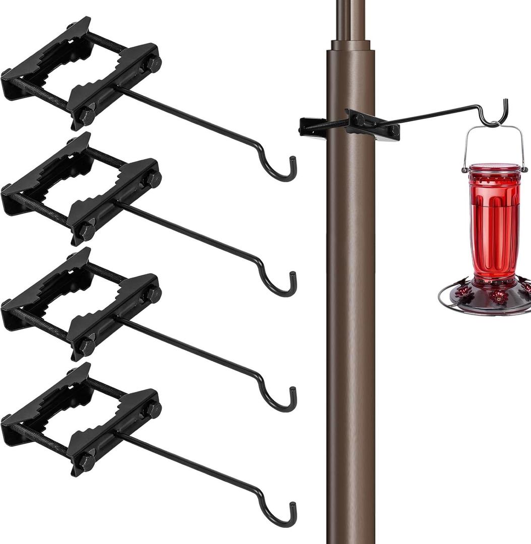 Bird Feeder Hanger Hook for 0.9-2.7" Pole, Iron Clamp-On Deck Hook for Railing Pole, Outdoor Hanging Bracket for Plant, Tree Branch Hooks for Bird House Holder (4 Pack)