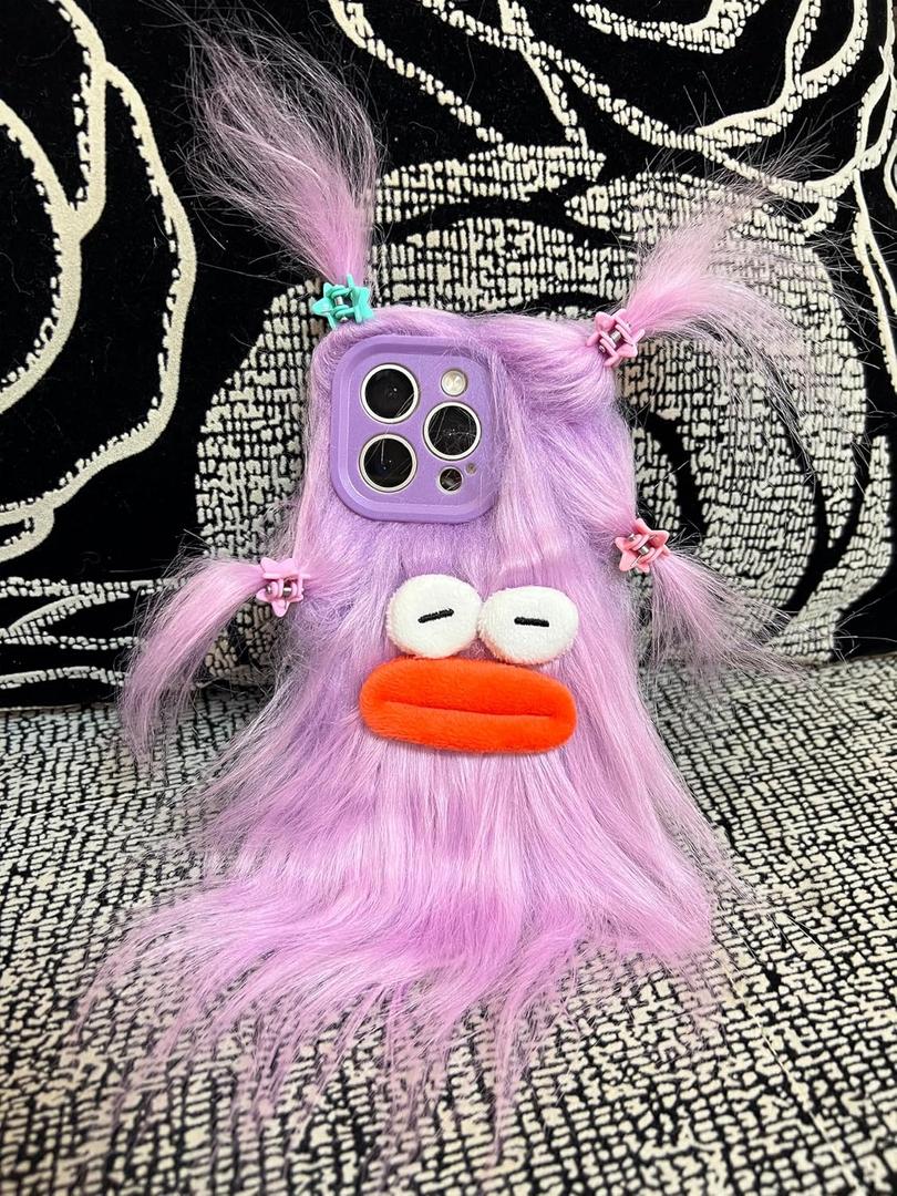 Purple Furry Ugly Phone Case for iPhone 16 Pro, Cute DIY Long Hair Funny Thick Mouth Warm Plush Cases, 3D Cartoon Silly Fuzzy Winter Protective Cover for Women Girls