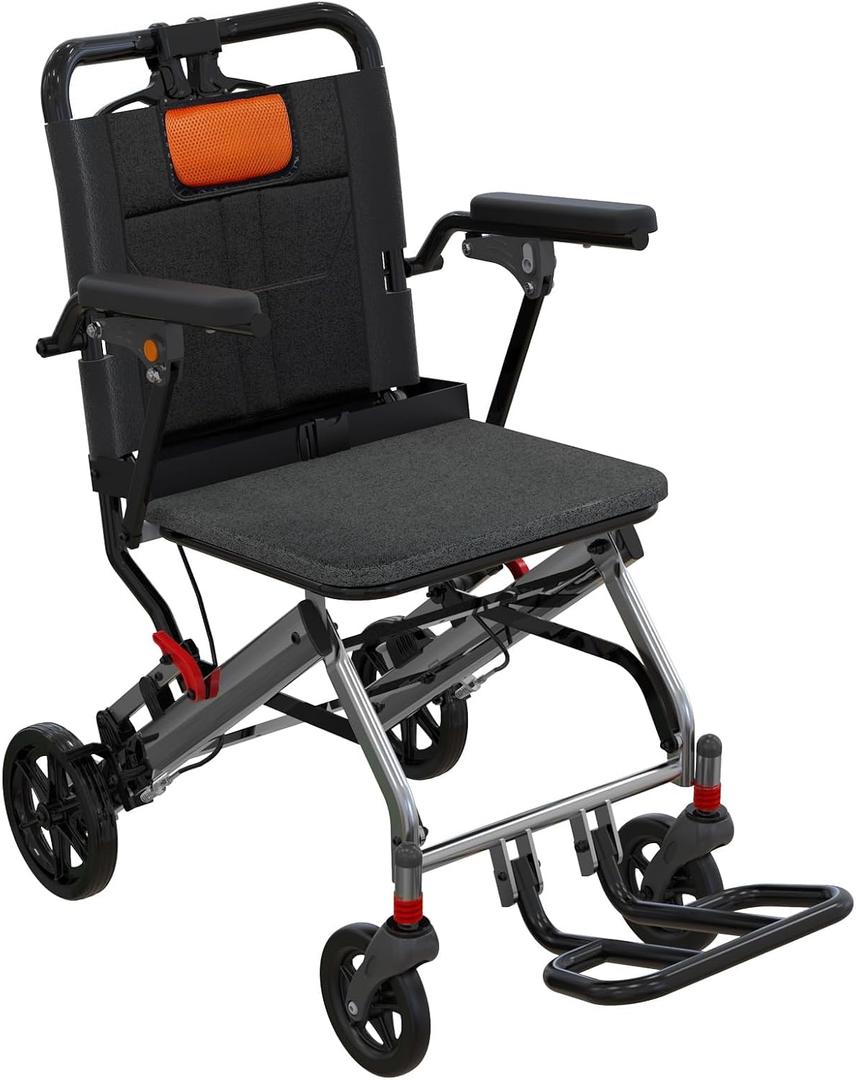 Folding Transport Wheelchair for Adults & Seniors, 22 LBS, Travel Portable Wheelchair with Removable Flip Armrests and Swing Footrests, 220 LBS, Locking Handbrake