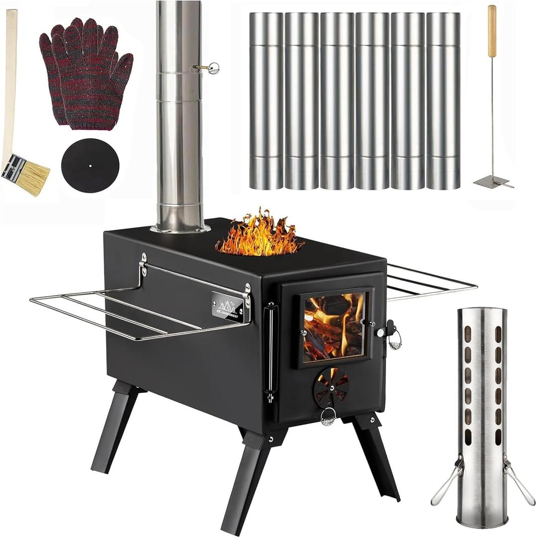 Hot Tent Stove,AVOFOREST Wood Burning Stove,Small Wood Stove with 7 Stainless Chimney Pipes for Outdoor Heating & Cooking, Ice Fishing, Hunting (black)