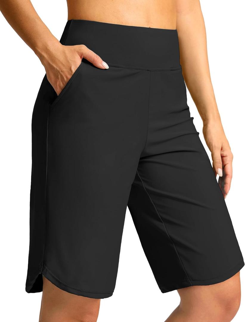 G Gradual Women's High Waisted Swim Board Shorts 11" Knee Length Beach Swimming Long Shorts for Women with Pockets Liner (Medium, Black)