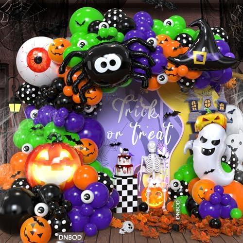 Halloween Balloon Arch Kit,20 cs Orange Black Green Purple Balloon Garland with 3D Bat Stickers,Pumpkin,Witch Hat,Spider,Ghost,Eyeball Foil Balloons for Halloween Spooky Birthday Party Decorations