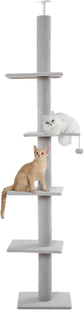 Cat Tree Floor to Ceiling Cat Tower with Adjustable Height (98-110 Inches), 5-Tier Carpet Cat Climbing Tower Tall Cat Trees with Platforms and Dangling Balls for Indoor Cats, White Grey