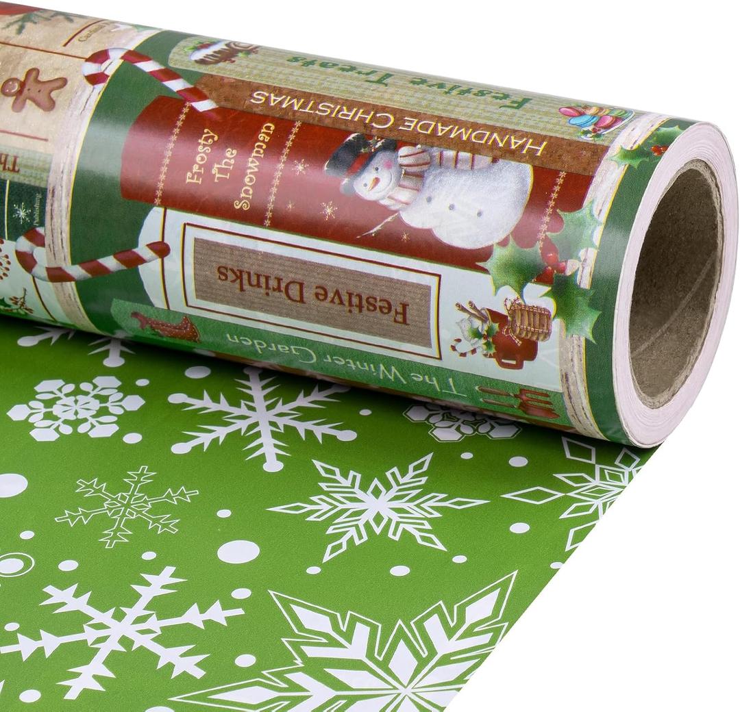 RUSPEPA Christmas Reversible Wrapping Paper Roll, Mini Roll, Vintage Christmas Bookshelf Design, Green with White Snowflake Pattern Gift Wrap Paper for Book Lover, Holiday Party, 17 Inches x 32.8 Feet
