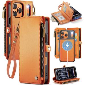 Defencase for iPhone 17 Pro Magnetic Wallet Case Compatible with Magsafe with RFID Blocking Zipper & Card Holder for Women Men PU Leather Strap Detachable Case for iPhone 17 Pro (6.3 inch), Orange