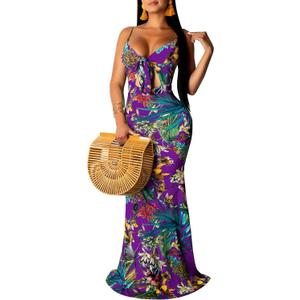 Women's Summer Floral Spaghetti Strap Long Maxi Dresses Low-Cut Bohemian Beach Sundress (Purple, S)