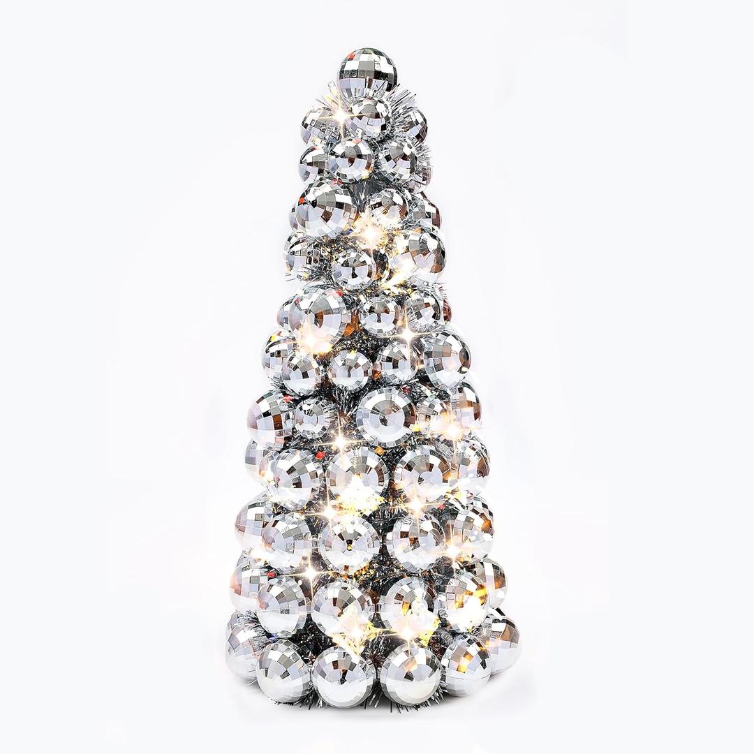 Amooca 16in Christmas Ball Tree with LED Lights Table Centerpiece Fireplace Decor Indoor Holiday Party Home Decoration Silver