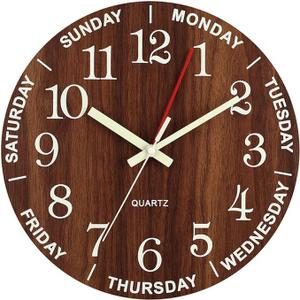 Wall Clock 10 Inch Brown Weekly Wall Clock Silent Battery Operated Luminous Hands Retirement Elderly Wooden Glow in The Dark Clock (Borwn01)