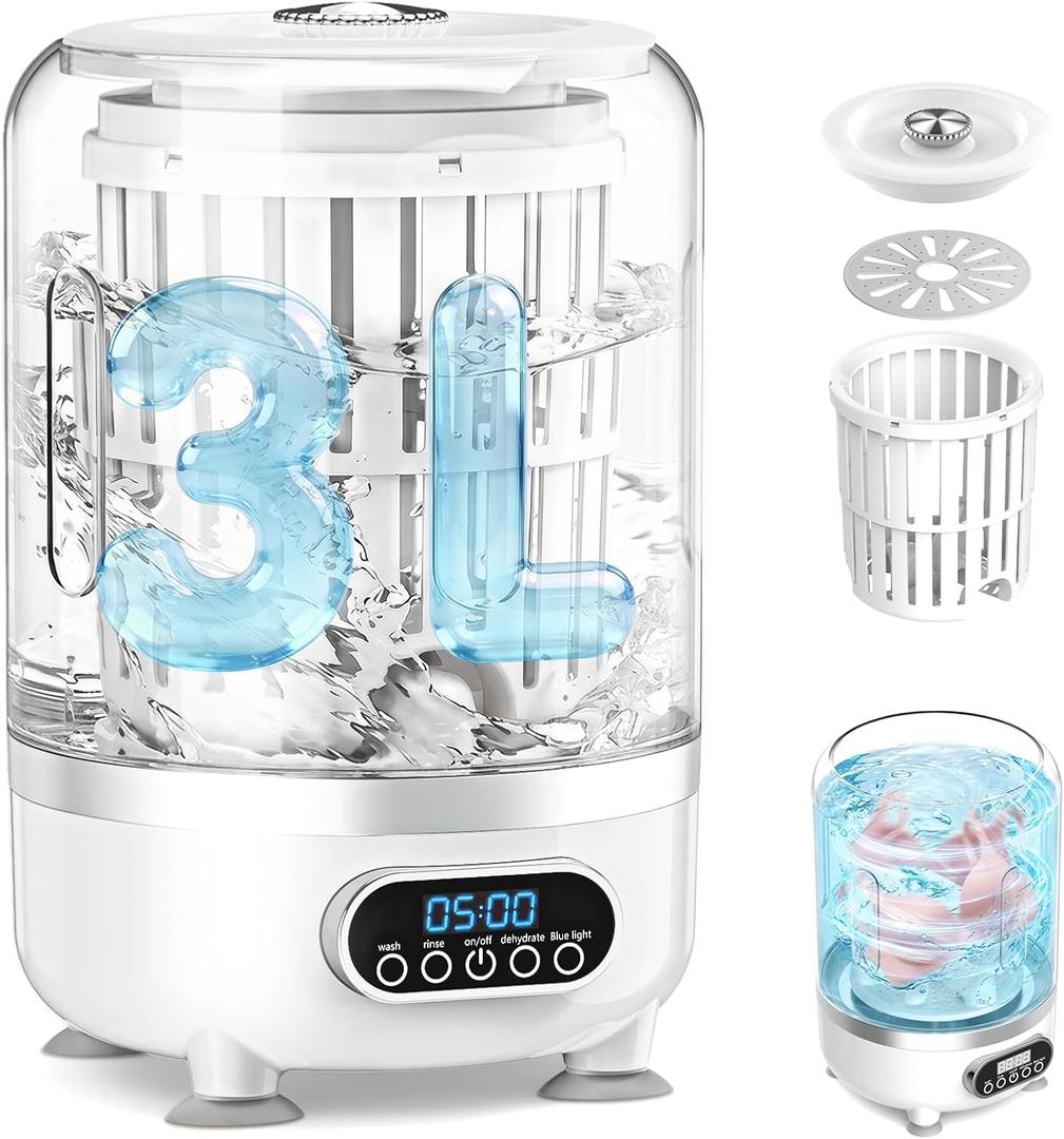 Mini Washing Machine, 3L Small Washer with Drain Hose & Spin Basket, Cordless 3000mAh, Compact Apartment Washing Machine of Underwear, Socks, Baby Clothes, Ideal for Apartment, RV, TravelWhite