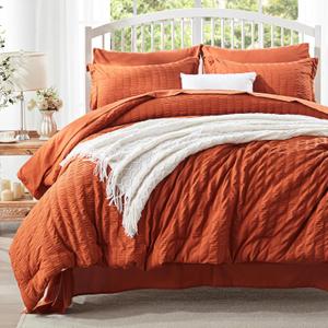 Zzlpp Full Comforter Set 7 pieces, Burnt Orange Seersucker Bed in a Bag with Sheets, Lightweight Bedding Sets with 1 Comforter, 2 Pillow Shams, 2 Pillowcases, 1 Flat Sheet, 1 Fitted Sheet