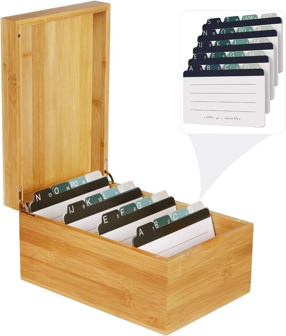 MaxGear Index Card Holder, 4 x 6Inch Wooden Business Card Organizer for Desk with 4 Dividers, Bamboo Index Cards Box with A-Z Tabs Holds 600 Cards for Recipe Flash Storage