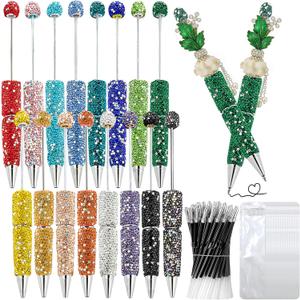 48 Pcs DIY Diamond Beadable Pen Kit - 16 Plastic Rhinestone Beaded Pens Bulk with Refills & Bags - Beaded Pen Kit for Students & Teachers School Projects, Office Gifts 