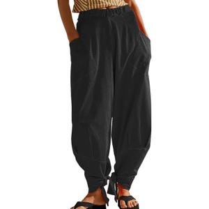 utcoco Womens Baggy Stretchy High Waisted Harem Pants Casual Loose Fit Tie Knot Cotton Sweatpants with Pockets (Large, Black)
