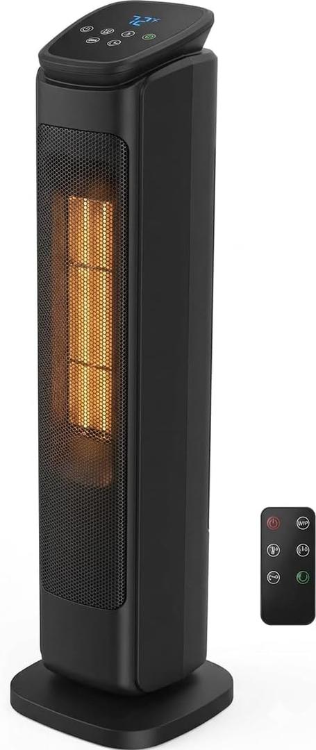 Comfort Zone 30-Inch Oscillating Tower Space Heater with Remote Control 1500W High Velocity Ceramic Heater for Large Rooms, Digital Thermostat, 12H Timer & ECO Mode, Tip-Over & Overheat Protection
