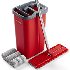 BOSHENG Mop and Bucket with Wringer Set, Flat Mop and Bucket, Squeeze Floor Mop with 3 Washable Microfiber Mops, Wet and Dry Use, Household Cleaning Tools, for Hardwood Floor, Laminate, Tile
