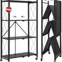 DEANIC 4 Tier Foldable Storage Shelves with Wheels, Large Capacity Shelving Unit, Freestanding Metal Wire Shelf Rack, No Assembly Organizer Rack for Garage Kitchen, Basement, Pantry(Black)