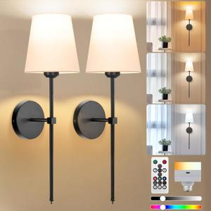 Adetu Battery Operated Wall Sconce Set of 2, 5CCT Black Rechargeable Wall Lights with Remote, 10 RGB Colors Dimmable Wireless Battery Powered Wall Sconce Wall Lamp for Bedroom Living Room Wall Decor