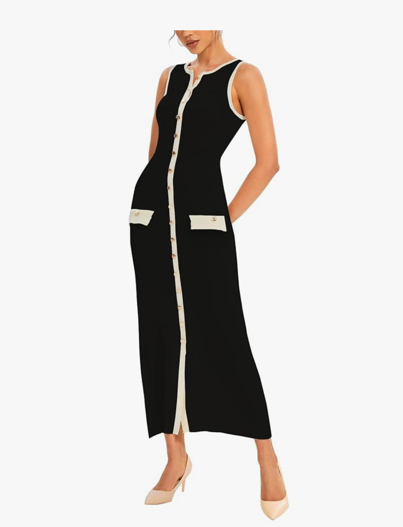 Womens Knit Maxi Dress Sleeveless Bodycon Ribbed Long Tank Dresses Elegant Button Down Workwear Dress S