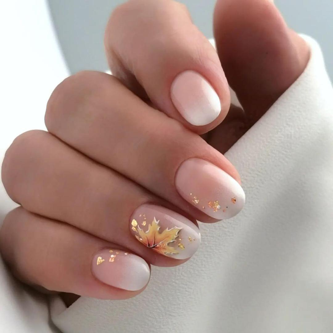 4 x Fall Maple Leaf Press On Almond Glossy Gradient White Acrylic Artificial Full Cover Autumn Thanksgiving Stick On Nails for Women Girls Manicure