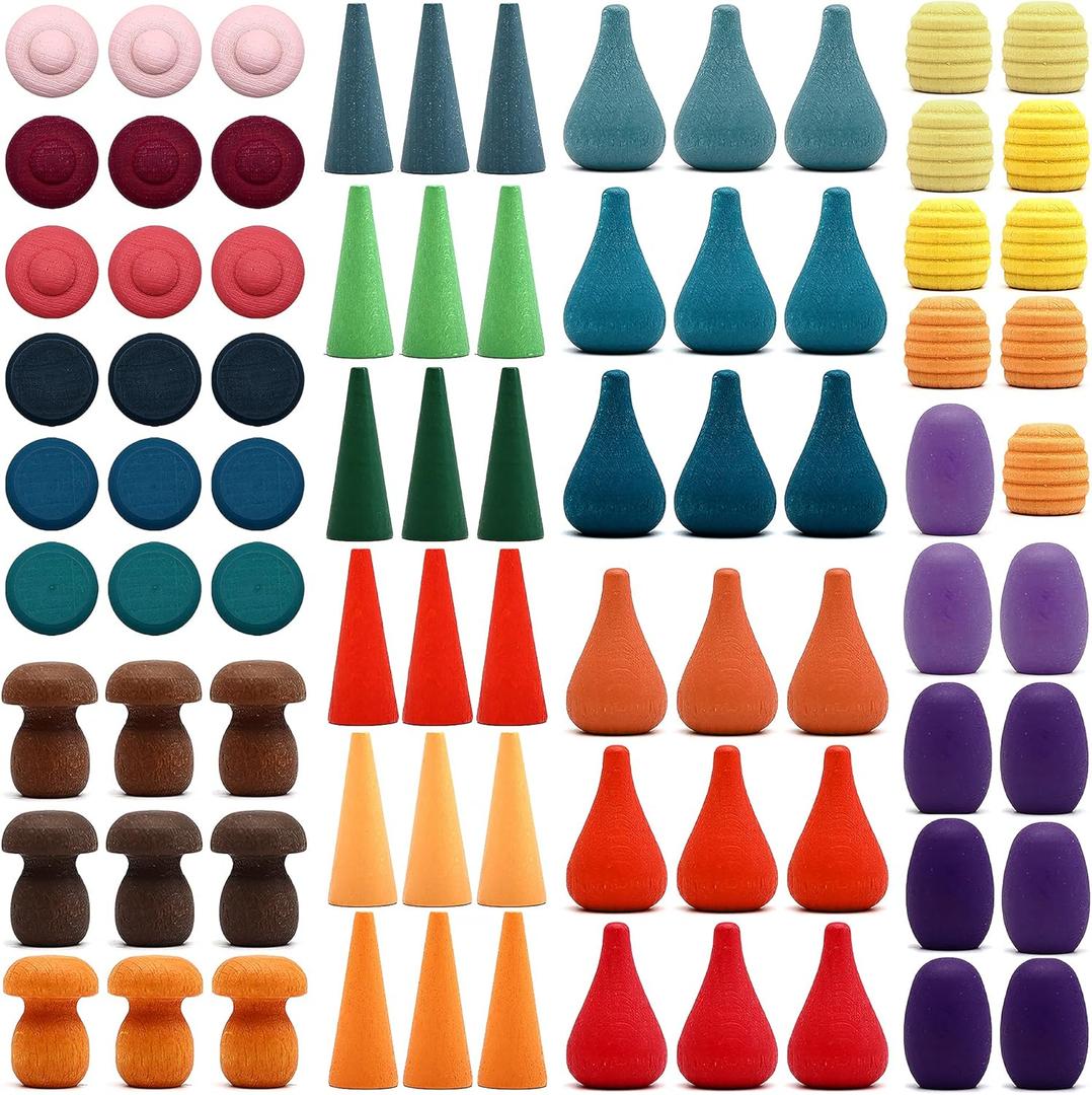 Candywood Large Set Full Rainbow Color Style Wooden Loose Parts Sensory Play Toys, Mandala 7 Shapes, 27 Colors, Stacker Nesting Toys Parts(81 PCS)