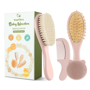 Yoofoss 4 Piece Baby Hair Brush and Comb Set，Wooden Baby Hair Brush with Natural Ultra Soft Goat Hair, Baby Comb Set for Boy, Girl  Pink