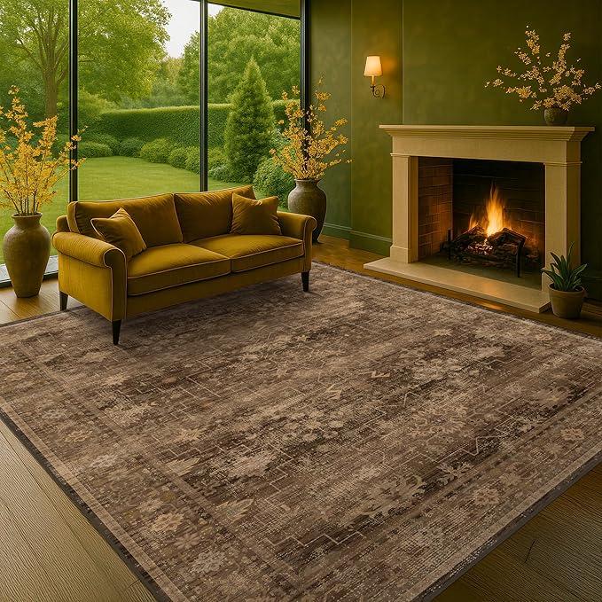 Vintage 6' x 9' Washable Area Rug - Stylish Indoor Rug for Living, Dining or Bedroom - Lightweight Carpet with Non-Slip Backing - Foldable for Easy Placement and Maintenance - Rust