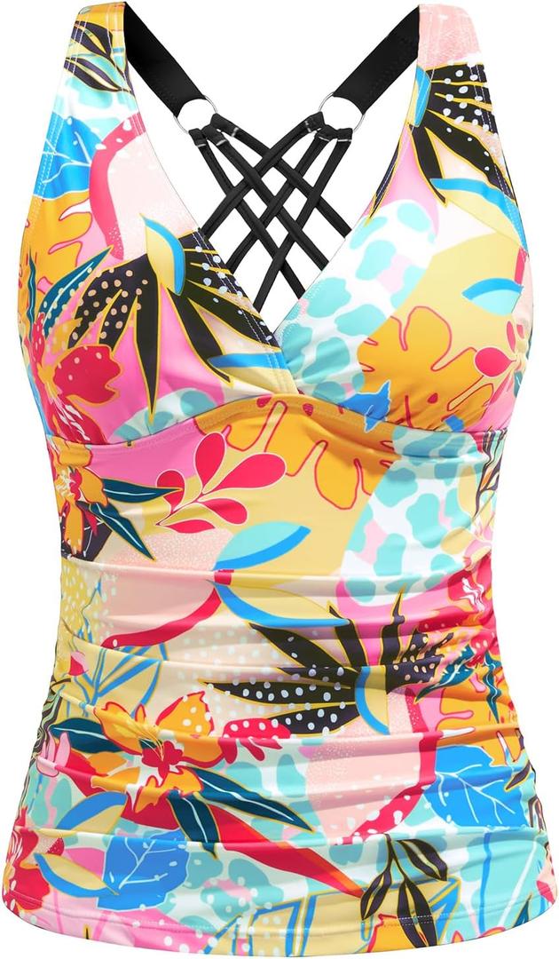 Tankini Tops for Women - Tummy Control V Neck Bathing Suit Top Only No Bottom (X-Large, Colorful Floral)