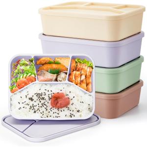 Ziliny 4 Pcs Silicone Bento Box Reusable Lunch Container Smooth Leak Proof Lunch Box Rectangle Bento Boxes for Adult Work Travel Food Meal Compartment Storage, 4 Colors (Light Color)