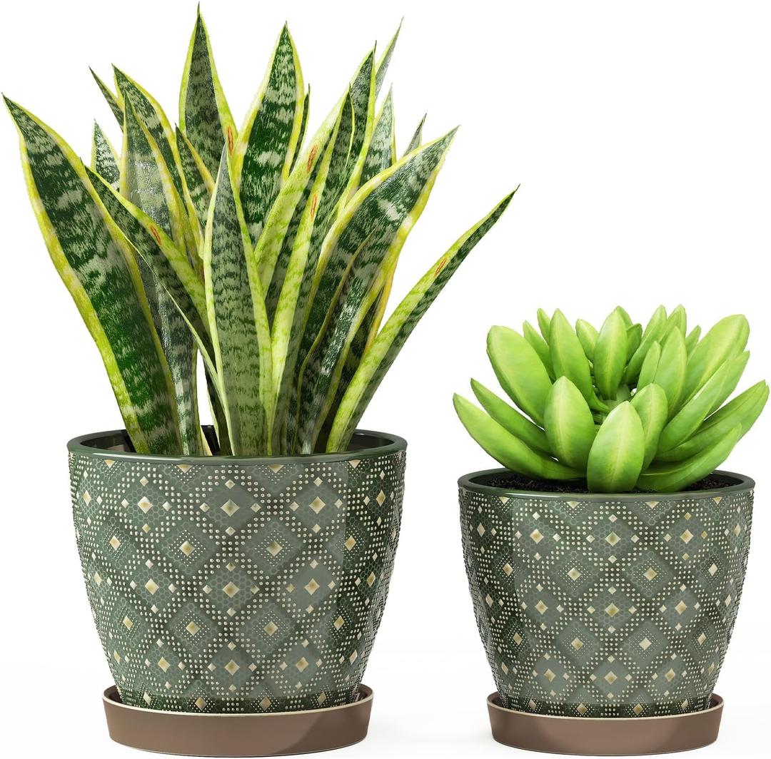 Docrin Dark Green Ceramic Planter Set - 6.6"+5.5" Indoor Outdoor Pots with Drainage Holes & Saucers for Home Office Decor