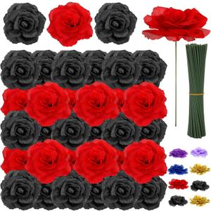 108pcs Roses Head Flowers with Stem - Red Black Artificial Flowers Rose Bulk - Silk Rose Fake Flower for Graduation Casino Theme Hollywood New Years Movie Night Birthday Decorations
