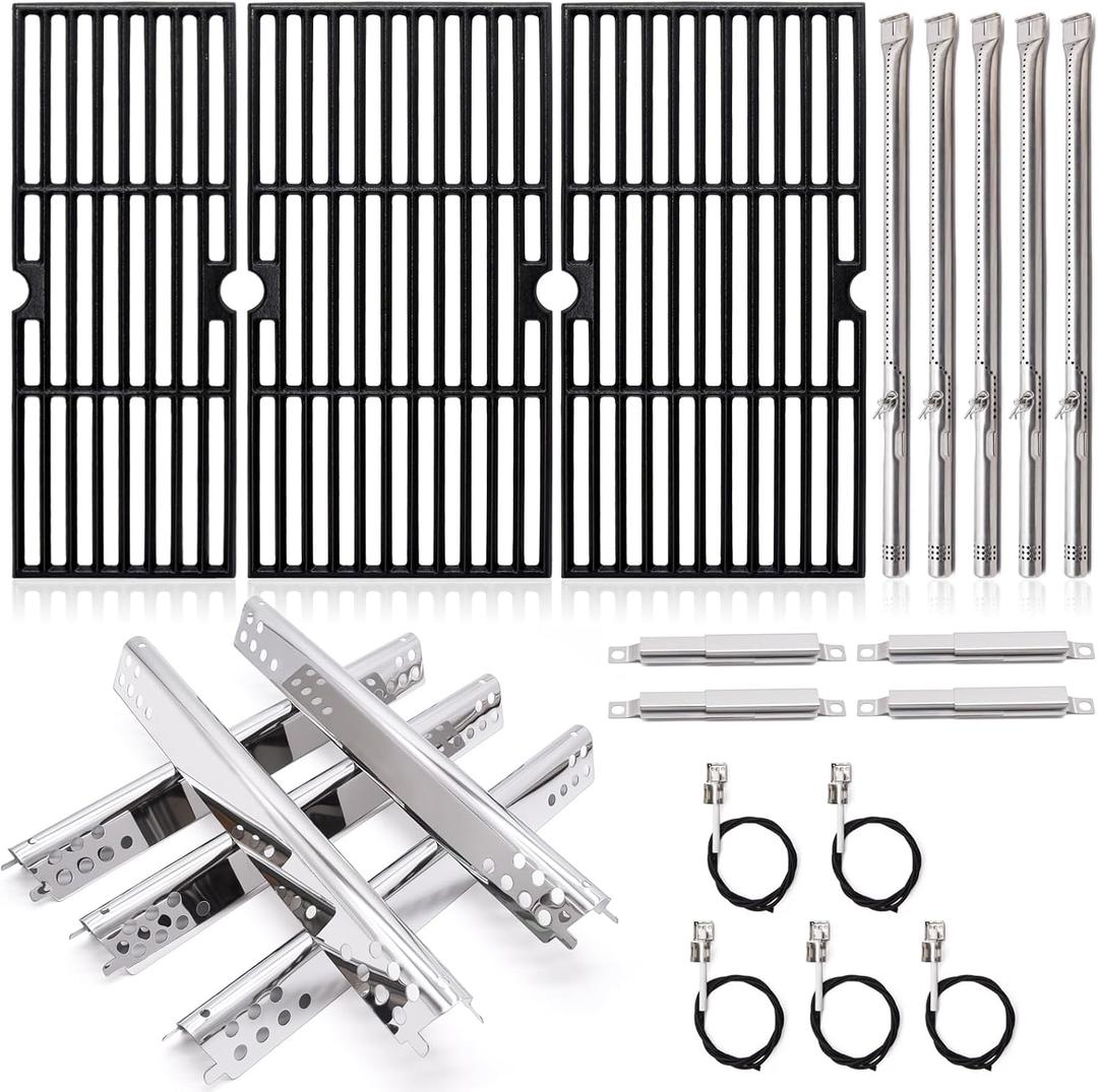 Adviace Grill Replacement Parts for Charbroil Performance 463347519, 463347518, 463373019, G470-0002-W1, G470-0003-W1, 18'' Cast Iron Grill Grates, Heat Plates, Burners, Crossover Tubes, Ignitors
