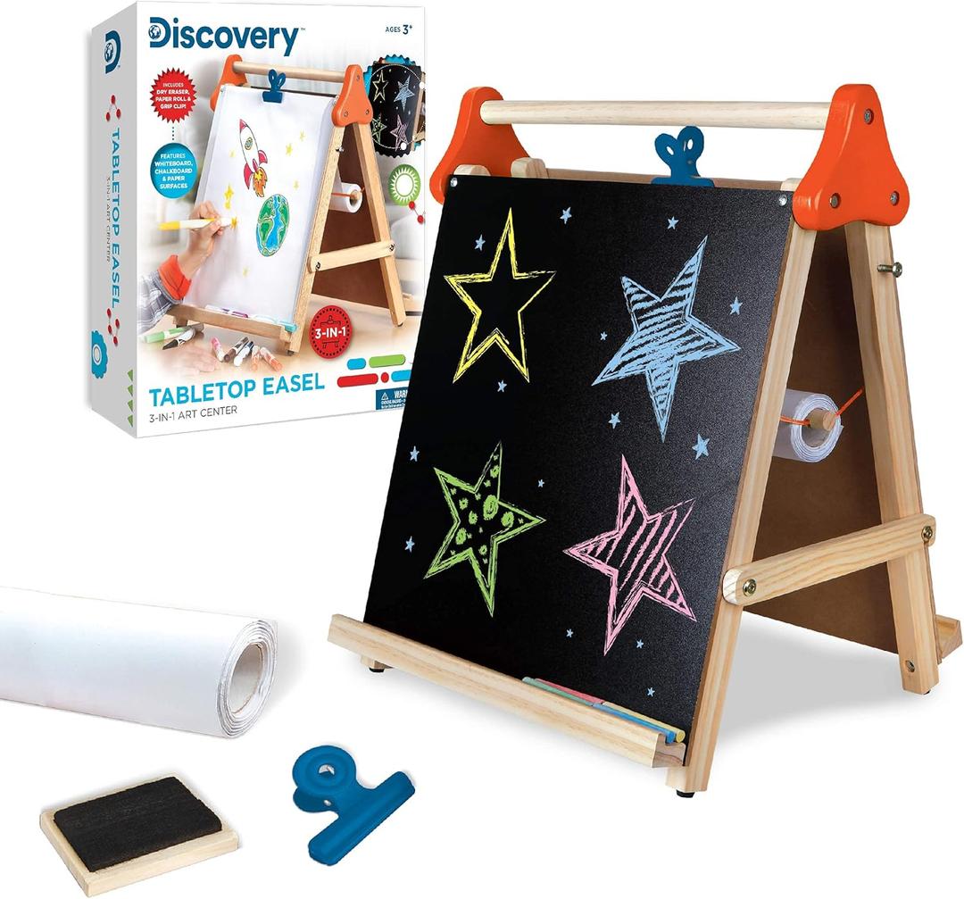Discovery 3-in-1 Tabletop Dry Erase Chalkboard Painting Art Easel, Includes Paper Roll and Oversized Clip, 17 x 15 Inch Wood Frame, Perfect for Children 3+ | Foldable/Portable for Countertop Play