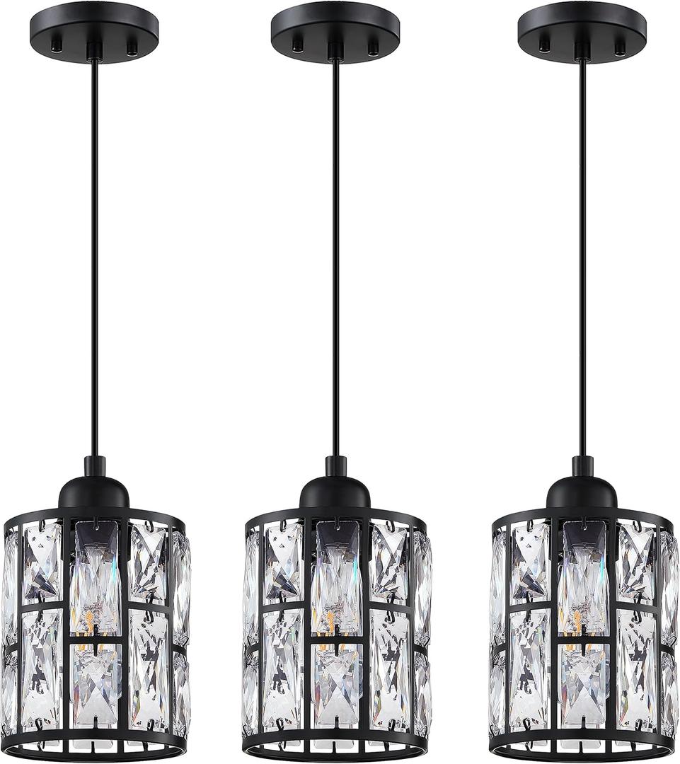 3 Pack 1 Light 5.3" Crystal Hanging Kitchen Island Pendant Light Black Finish,Concise Pendant Fixture Crystal Plate Metal Shade for Bar,Dining Room,Living Room Over Sink