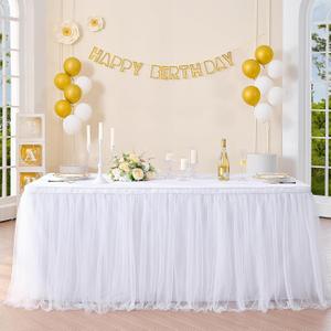 Suppromo 6ft White Tulle Table Skirt for Rectangle Tables or Round Tables Tutu Table Skirt White Ruffle Table Cloths for Wedding Bridal Shower Birthday Party Desk Skirt Decorations (72" x 30" (6FT))