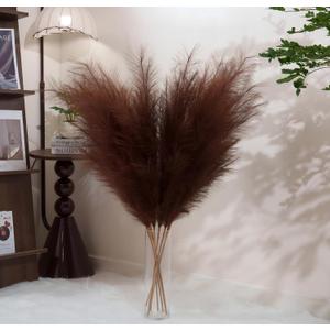 Premium Faux Brown Pampas Grass – 43.3" Tall Fluffy Decor, 8pcs 18-Branch One-Piece Stems No Assembly, Luxury Silk-Feel Feather Flowers for Boho Rustic Modern Home Decor (Cocoa Brown, 8 Stems / 110cm)