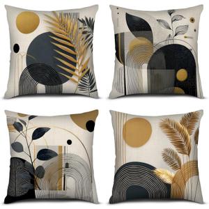 Geometry Set Throw Pillow Covers 18X18 Set of 4, Sofa Bed Couch Modern Home Decor Black and Gold Cushion Case, Abstract Art Luxury Botanical Plant Leaf Chic Decorative Outdoor Living Room