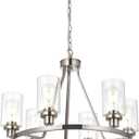 MELUCEE 6 Lights Round Chandelier Brushed Nickel Island Lighting Dining Room Lighting Fixtures Hanging Glass Pendant Light for Kitchen Living Room Bedroom (6 Heads Brushed Nickel)