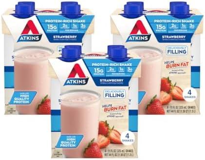 Atkins Strawberry Flavored Protein Shake, High Protein, Low Glycemic, Low Sugar and Low Carb, Keto Friendly, Gluten Free, 10 Count, BB 04/19/26