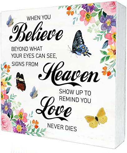 Believe Heaven Love Wood Box Sign Home Decor Rustic Butterflies Floral Spring Summer Wooden Box Sign Block Plaque for Wall Tabletop Desk Decoration, Pack of 2
